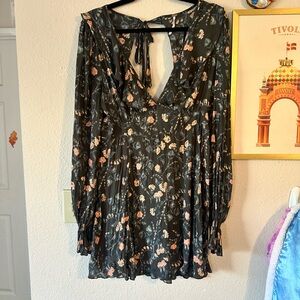 Free People Large Black Floral Mini Dress Long Sleeve Open Back